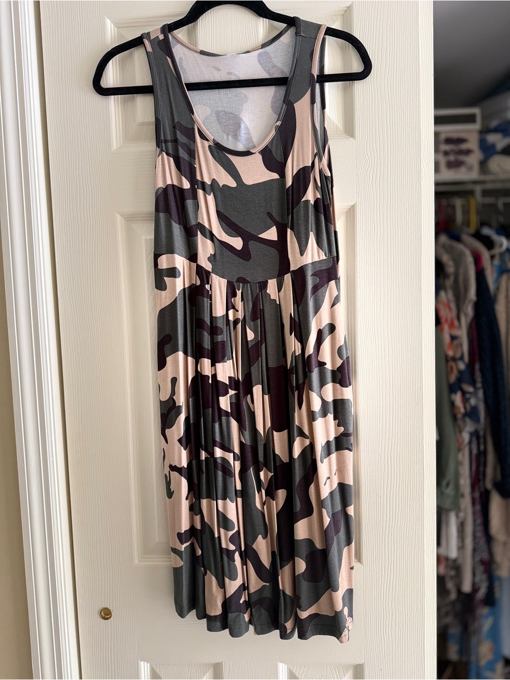 Sleeveless Midi Dress in Pink and Olive Camo
